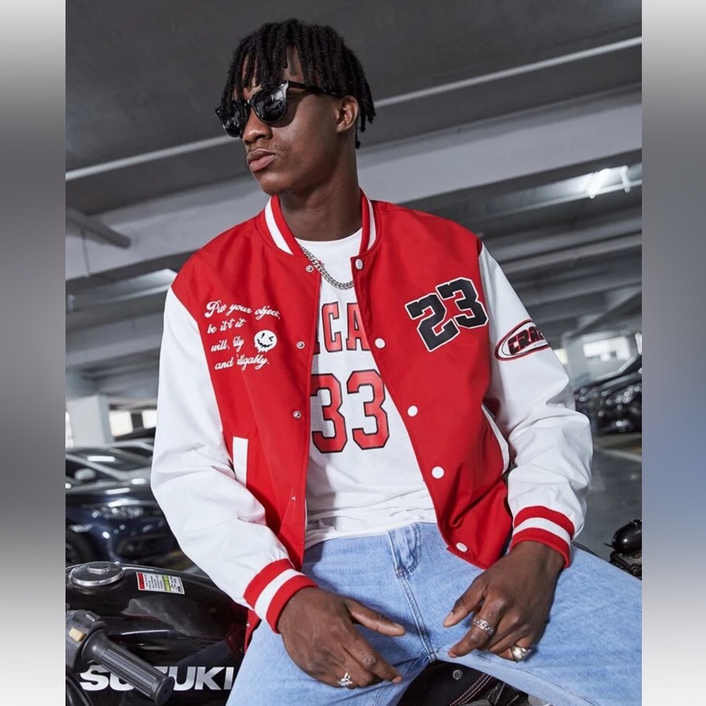 Red and white varsity jacket, unisex.